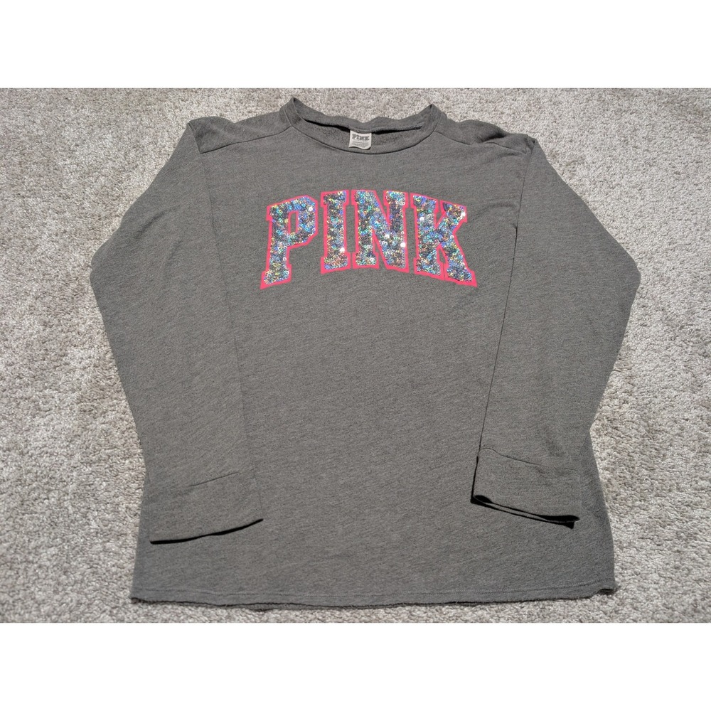 PINK Victoria's Secret Top Women XS Gray Sequin Logo Long‎ Sleeve Crew Neck Tee